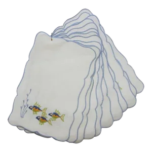 Set of 12 Madeira Linen Tropical Fish Cocktail Napkins, 1940s