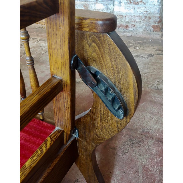 1900s Vintage American Oak Antique Morris Settee With Red Velvet Cushions For Sale In Los Angeles - Image 6 of 8