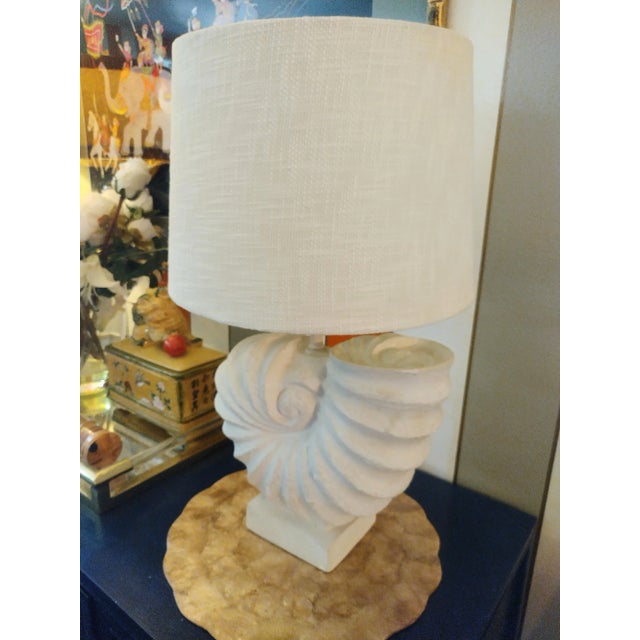 2000 - 2009 Large Plaster Coastal Shell Form Natural Linen Shade Table Lamp For Sale - Image 5 of 8
