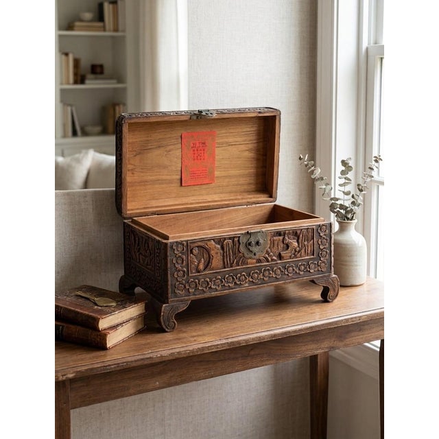 Chinoiserie 1950s Hand-Carved Solid Camphor Wood Footed Treasure Chest - Hong Kong Export For Sale - Image 3 of 11