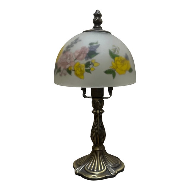 Vintage Shanghai Union Arts & Craft Co. Reverse Painted Floral Table Lamp With Frosted Glass Shade For Sale