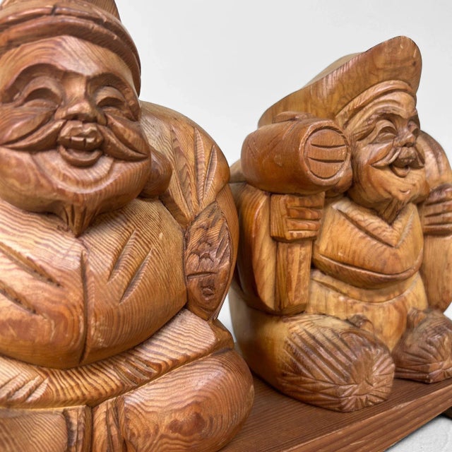 1950s Wooden Ebisu and Daikoku Deity Statues on Base, Japan, 1950 For Sale - Image 5 of 12