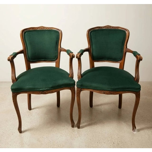 French Provincial The Scholar’s Alcove: Dark Academia Library Desk & Jacquard Emerald Armchairs Suite For Sale - Image 3 of 7