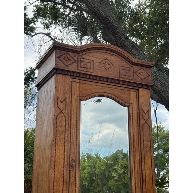 English Antique Tramp Art Style Solid Wood Armoire With Mirror | Hand-Carved Wardrobe Cabinet For Sale - Image 3 of 11