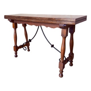 20th Century Spanish Console Fold Out Farm Table with Wood Stretcher For Sale