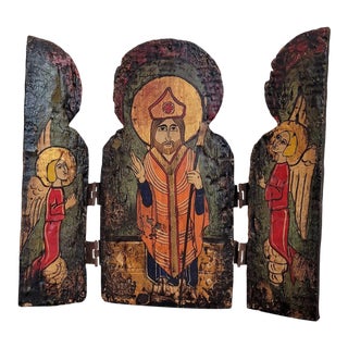 Rustic Antique Religious Folk Art Triptych Devotional Icon Painting Sculpture For Sale