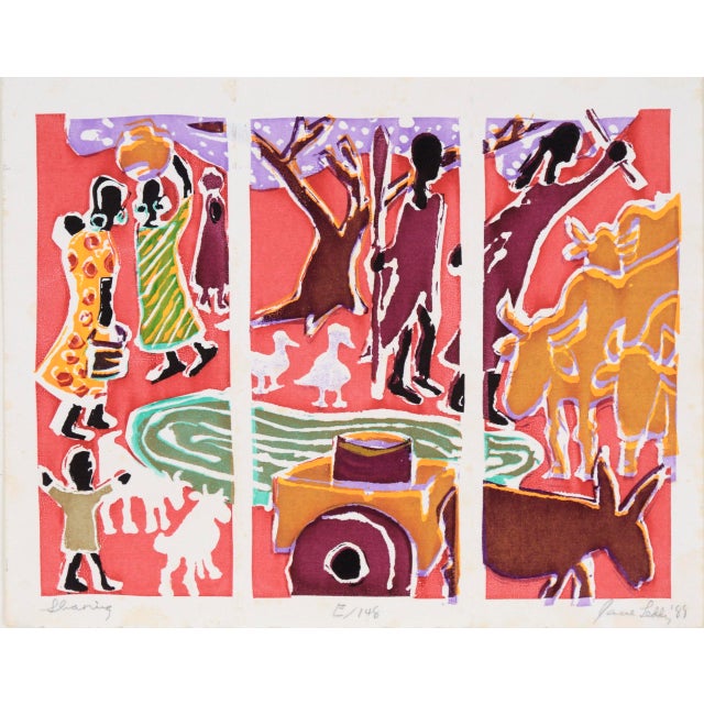 Vibrant screen print of people gathering around a pond by Jane Leddy (American, 1925-2019). People and various animals -...