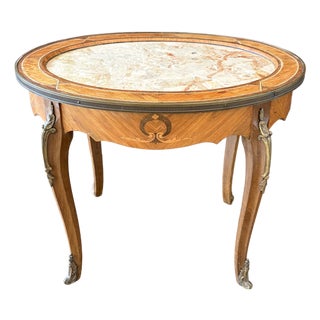 Antique French Louis XV Marquetry Oval Marble Top Coffee Table For Sale