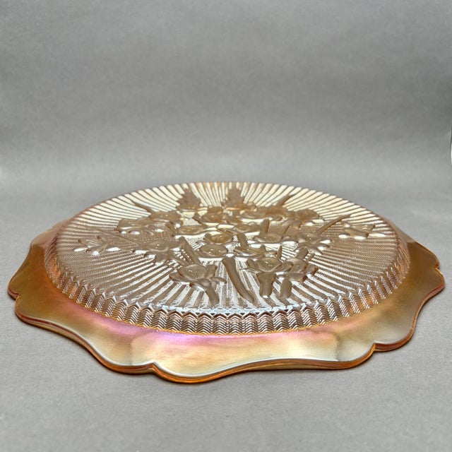 Vintage Jeannette Glass “Iris and Herringbone” Marigold Carnival Glass Cake Plate For Sale In New York - Image 6 of 6