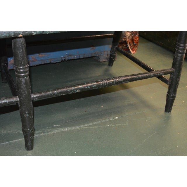 1960s Shabby Green Wood Long Deacon's Bench With Arms & Custom Cushion