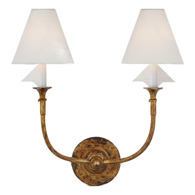 Thomas O'Brien for Visual Comfort Signature Piaf Double Sconce in Antique Gild with Linen Shades For Sale