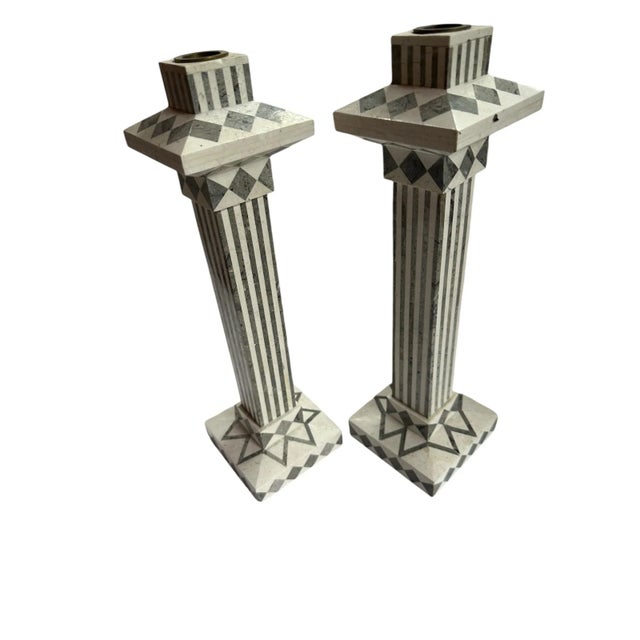 Contemporary 1990s Vintage Tavola Grey & White Marble Candlesticks- a Pair For Sale - Image 3 of 11