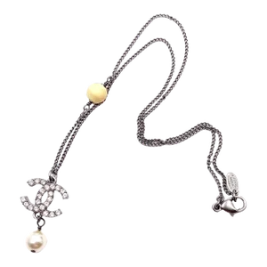 Chanel Gunmetal CC Crystal Pearl Dangle Stone Necklace