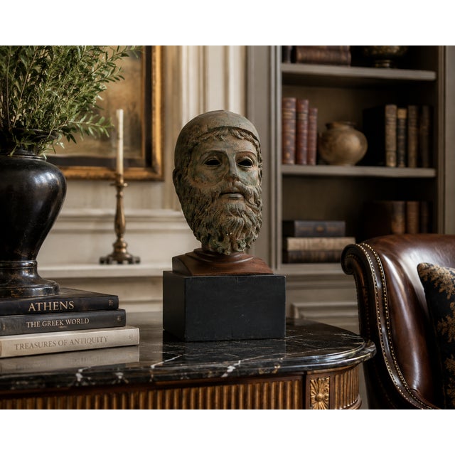 Neoclassical 19th Century Grand Tour Patinated Bronze Head of a Classical Bearded Deity, Poseidon For Sale - Image 3 of 10
