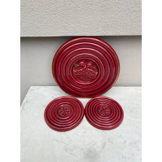 Vallauris Set of Red Majolica Trivet & Wine Coasters Vallauris, Circa 1950 For Sale - Image 4 of 5