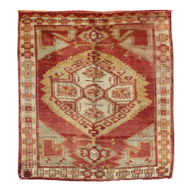 Square Turkish Oushak With Medallion Design in Muted Red, L. Green & Yellow For Sale
