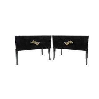 Bedside Tables in Black Marquetry with Casted Brass Handles by Ginger Brown, Set of 2 For Sale