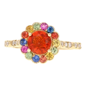 1.22 Carat Fire Opal Sapphire Diamond Yellow Gold Ring Size 7