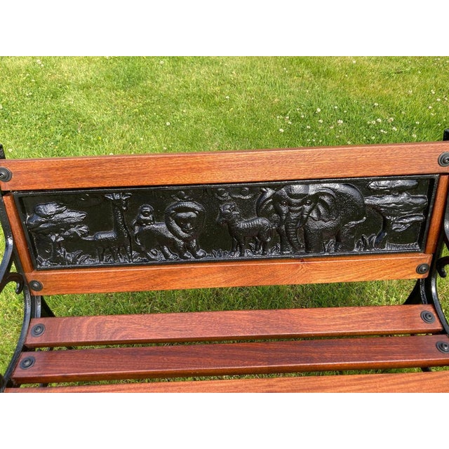 Childrens Safari Animals Themed Hand Painted Cast Iron & Mahogany Garden Bench For Sale - Image 3 of 11