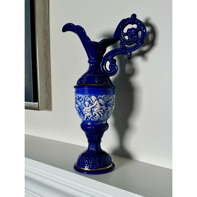 Ceramic Baroque Embossed Cobalt Blue & Gold Ceramic Decorative Pitcher For Sale - Image 7 of 10