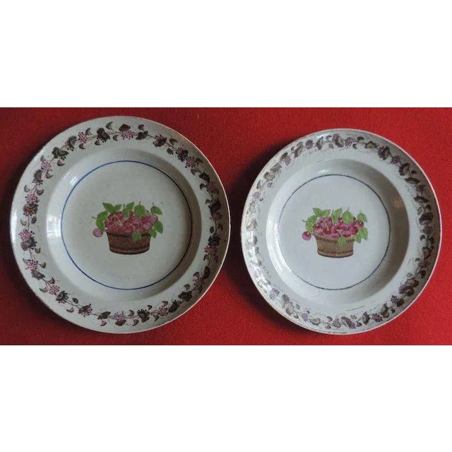 Green 1800s Chinese Export for the American Federal Market Porcelain with Classical Baskets of Cherries & Fruit Pattern Plates - A Pair For Sale - Image 8 of 10