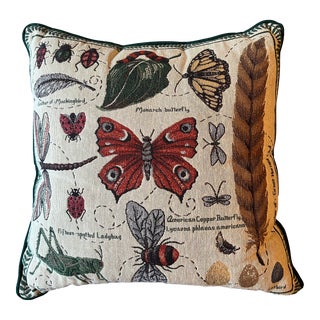 1990s Butterfly Moth Caterpillar Square Tapestry Decorative Throw Pillow For Sale