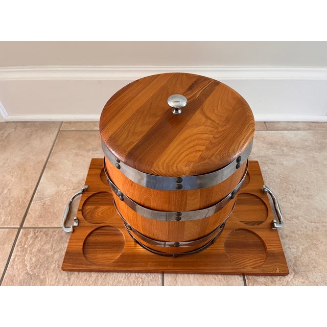 1990s Vintage Towle Silversmiths Wooden Ice Bucket/ Wine Chiller Barrel and Tray For Sale - Image 5 of 12
