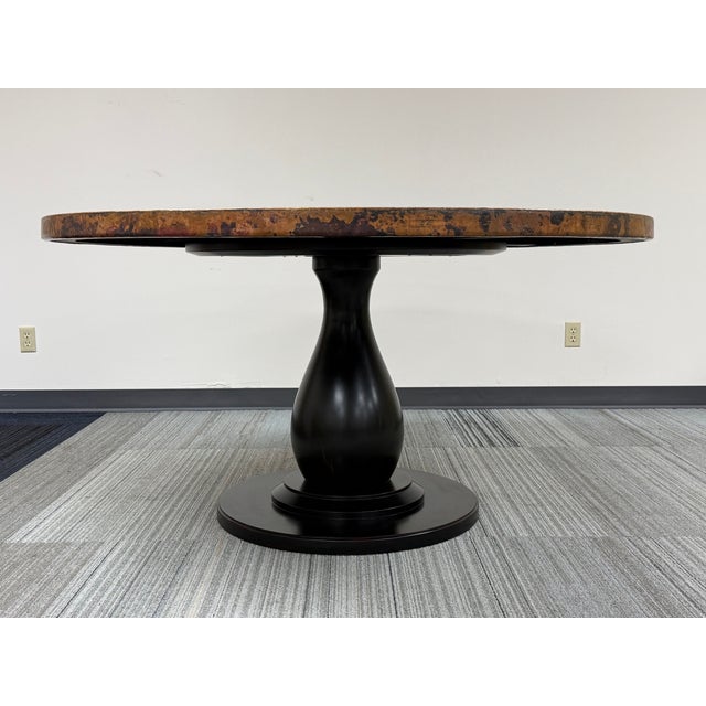-DINING TABLE COPPER - PEDESTAL BASE -MANUFACTURE: ARHAUS -IN THE STYLE OF: RUSTIC -DATE OF MANUFACTURE: CURRENT...