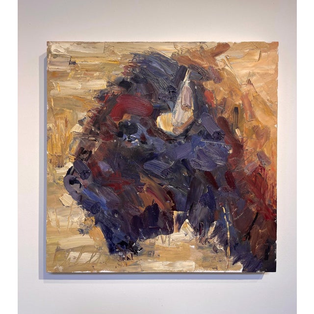 The painting features a dynamic interplay of rich, textured brushstrokes that evoke a sense of movement and depth. Deep...