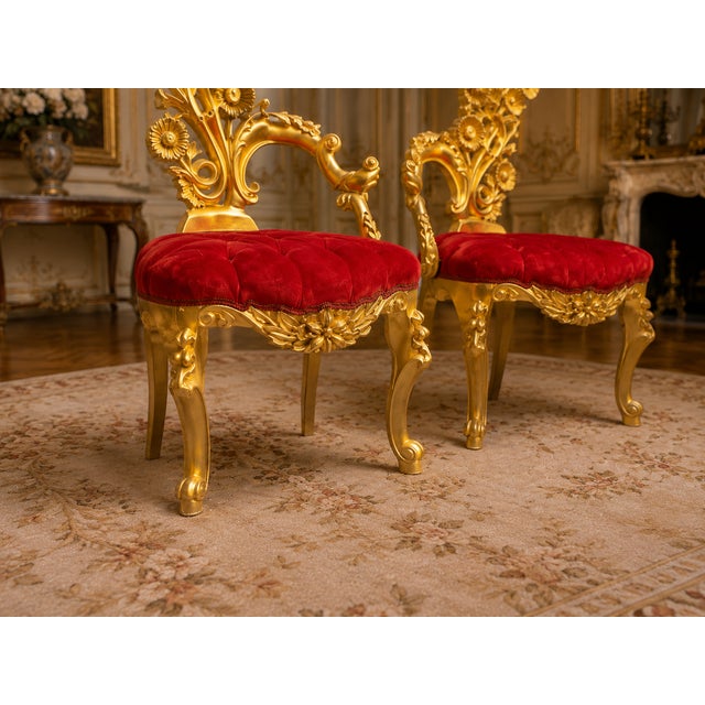 Wood Mid 20c Italian Baroque Gold Red Velvet Side Chairs - Pair For Sale - Image 7 of 8