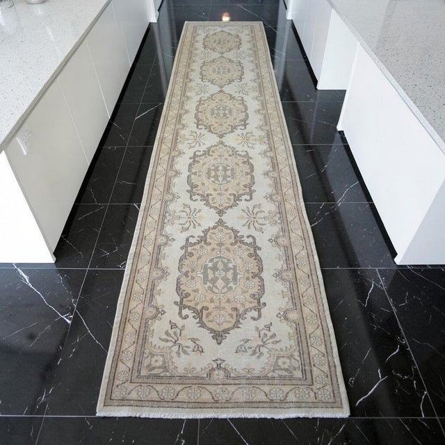 Mid-Century Modern Traditional Oushak Runner Rug Faded Colors Low Pile Distressed Long Runner Rug - 2'9″ X 12'7″ For Sale - Image 3 of 12