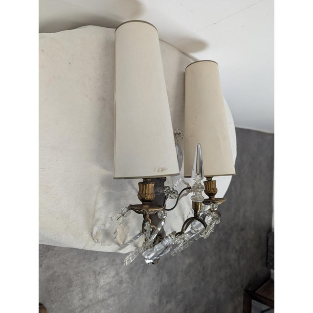 Crystal Wall Sconces with White Shades, Set of 2 For Sale - Image 5 of 12