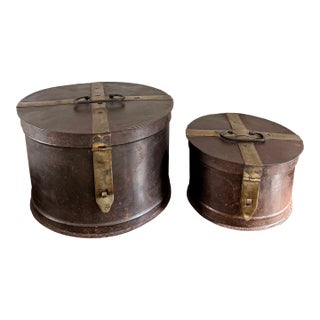 Antique Metal Military Hammered Hat Boxes Pair For Sale