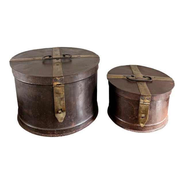 Antique Metal Military Hammered Hat Boxes Pair For Sale