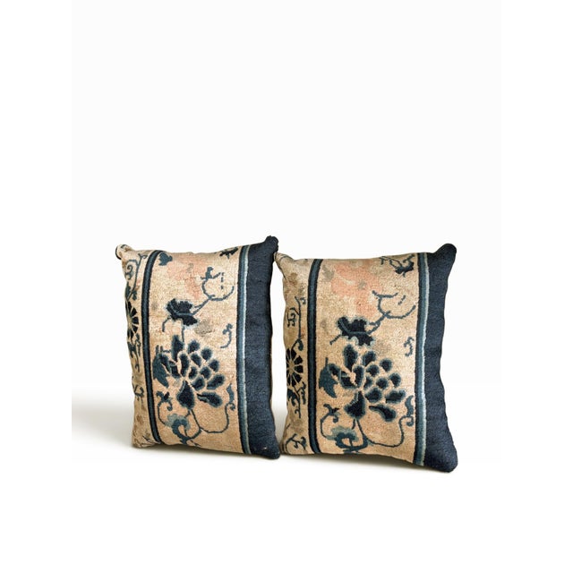 Beige Custom Made Set of Two Pillows W/Antique Chinese Rug Fragment 19.5" W For Sale - Image 8 of 10