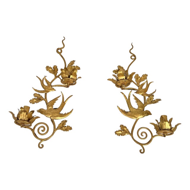 1970s French gilded metal bird wall sconces in the style of Maison Baguès - a Pair For Sale