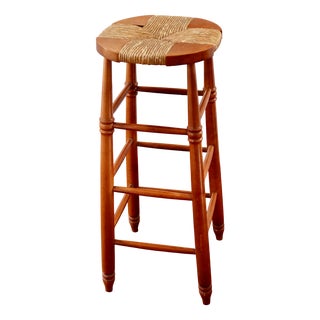 Antique Wooden Bar Stool with Straw Seat, 1980s For Sale