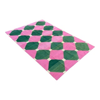 Handmade Cotton Area Rug Pink, Cream and Green Tile Patterned Dhurrie - 10'x14' For Sale