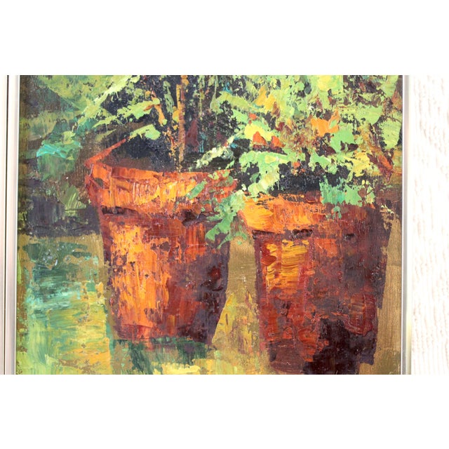 Textile Pair of houseplant paintings - heavily textured - 70s paintings - midcentury - boho - green paintings - still life - vertical painting -gift For Sale - Image 7 of 10