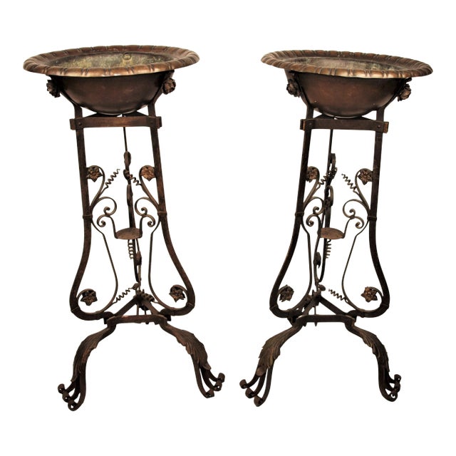 Antique Art Nouveau Iron Brass and Copper Planters - A Pair For Sale
