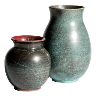 Art Deco Bauhaus Studio Stoneware Vases in Turquoise Reduction Glaze by Richard Uhlemeyer, Germany, 1940s, Set of 2 For Sale