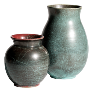 Art Deco Bauhaus Studio Stoneware Vases in Turquoise Reduction Glaze by Richard Uhlemeyer, Germany, 1940s, Set of 2