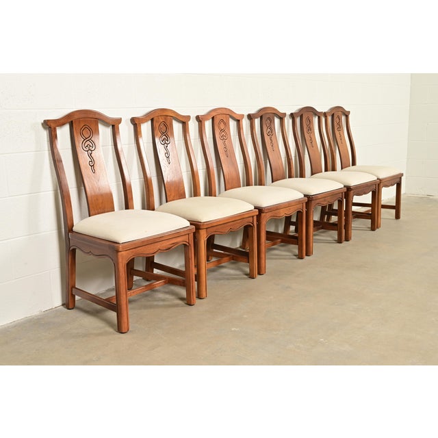 Thomasville Thomasville Mid-Century Hollywood Regency Chinoiserie Carved Walnut Dining Chairs, Set of Six For Sale - Image 4 of 13