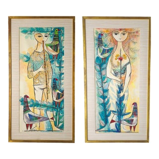 Pair of Whimsical European Mid Century Watercolor Paintings For Sale