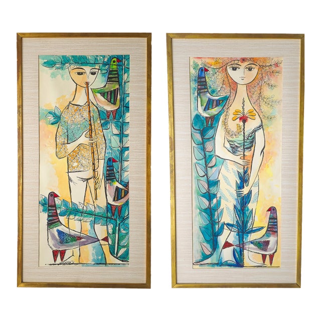 Pair of Whimsical European Mid Century Watercolor Paintings For Sale
