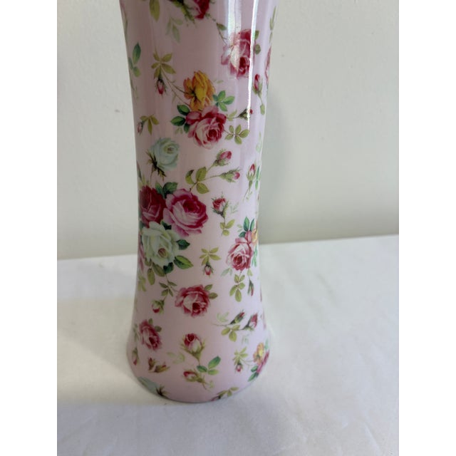 Victorian Vintage Godinger Antique Reflections Pink Rose Porcelain Vase With Heart Pierced Rim For Sale - Image 3 of 10