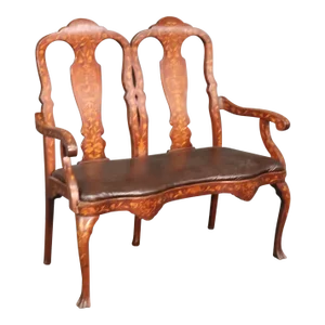 Leather Upholstered Dutch Marquetry Inlaid Window Bench Circa 1900