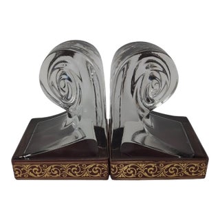 VTG Art Deco Style Clear Glass Scroll / Wave Bookends Pair Set Heavy For Sale