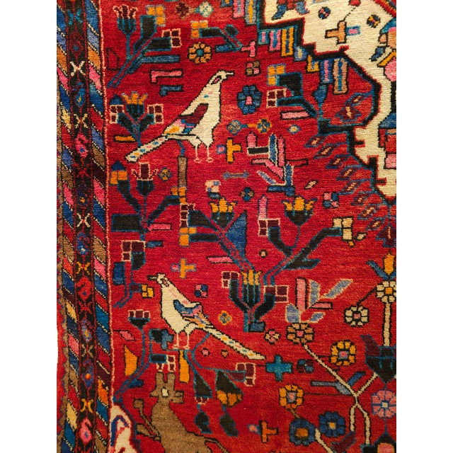 Vintage Persian Hamadan Gallery Area Rug, Hand-Knotted Wool, Tribal Bird Pattern, 6x10, Red & Navy For Sale - Image 15 of 18