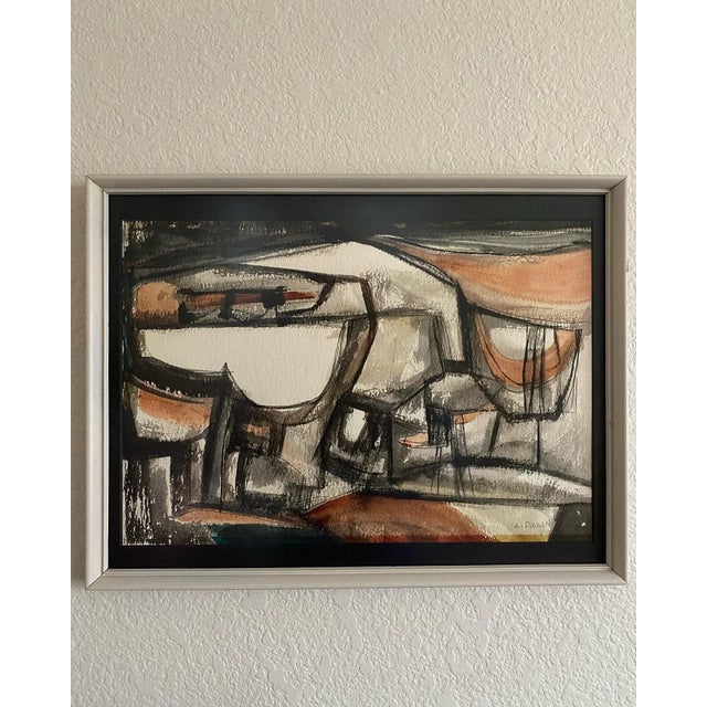 Contemporary Signed & Framed Modernist Abstract Watercolor Painting For Sale - Image 3 of 5